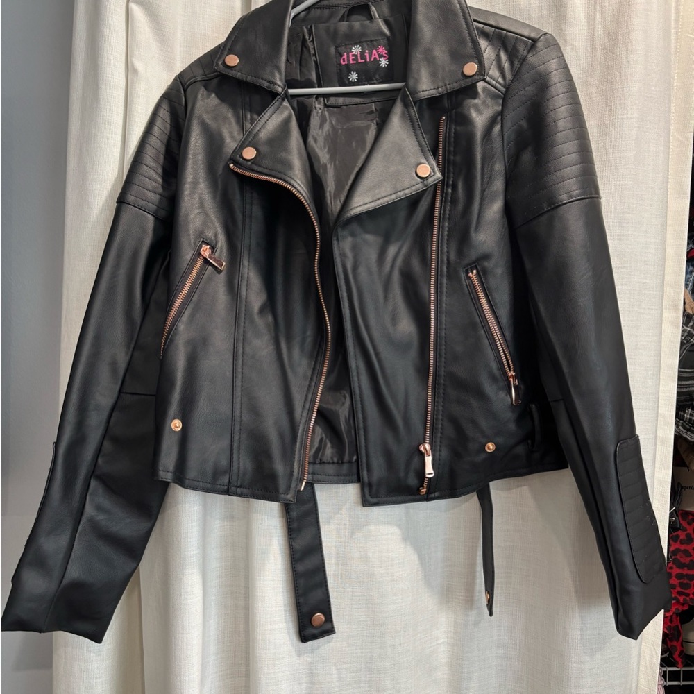 Delia's Black Faux Leather Jacket with rose gold zipper